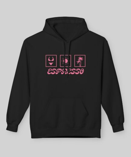 Black Sabrina Carpenter Espresso Lover Hoodie with pink graphics and text on a gray background