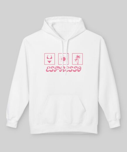 White Sabrina Carpenter Espresso Lover Hoodie with pink graphics and text on a gray background