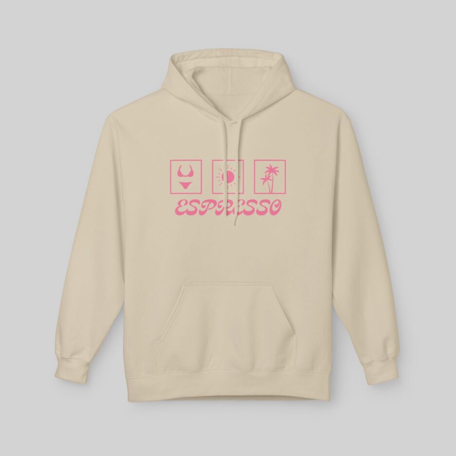 Beige Sabrina Carpenter Espresso Lover Hoodie with pink espresso graphic design on a light gray background