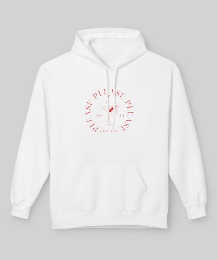 White Sabrina Carpenter Espresso Vibes Hoodie with red graphic design on a gray background