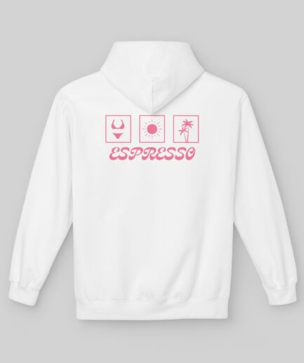 White Sabrina Carpenter Espresso Vibes Hoodie with pink graphics and 'Espresso' text on a gray background