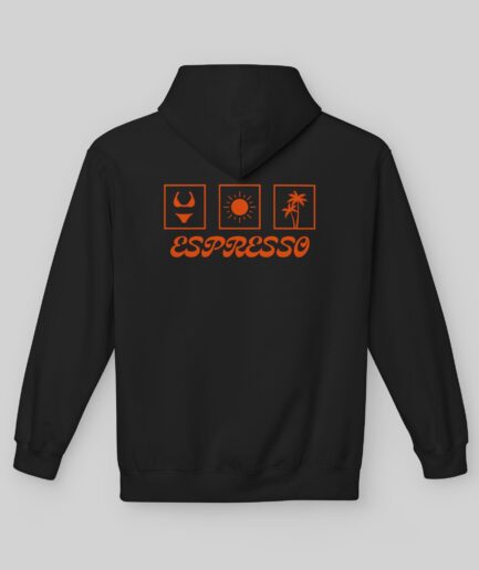 Black Sabrina Carpenter Espresso Vibes Hoodie with orange graphics and text on a gray background