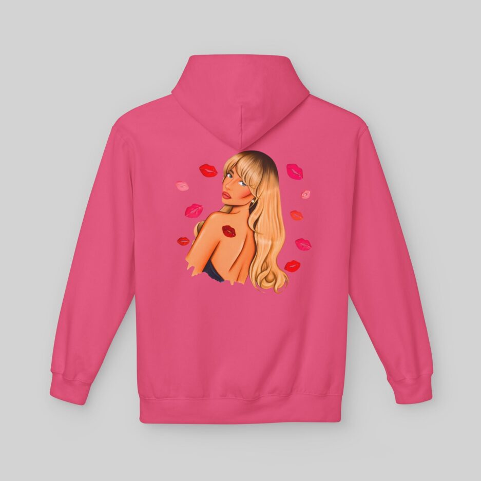 Pink Sabrina Carpenter Fall in Love Hoodie with a graphic of a woman and red lips on the back against a gray background