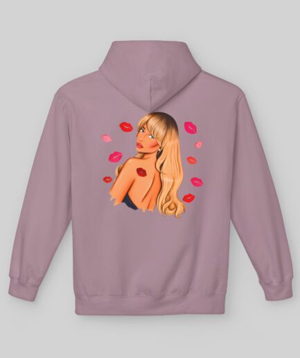 Purple Sabrina Carpenter Fall in Love Hoodie with a graphic of a woman and red lips on the back against a light gray background