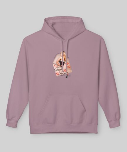 Purple Sabrina Carpenter Fall in Love Hoodie with a graphic design on a gray background