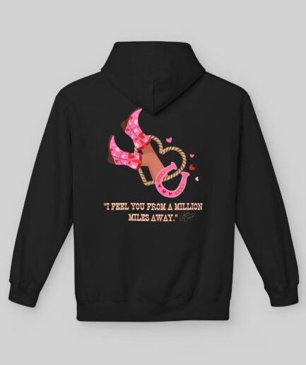 Black Sabrina Carpenter Love Club Hoodie with pink graphic and text on a gray background