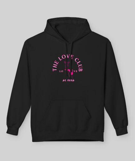 Black Sabrina Carpenter Love Club Hoodie with 'The Love Club' text on a gray background