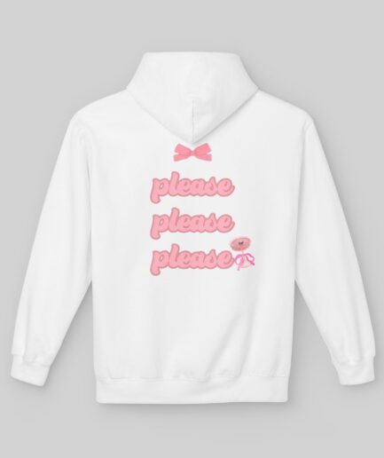 White Sabrina Carpenter Lover Hoodie with pink text and graphics on a gray background