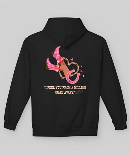 Black Sabrina Carpenter Romantic Message Hoodie with a graphic design and text on the back against a gray background