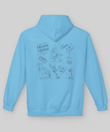 Light blue Sabrina Carpenter Short N' Sweet Tour Hoodie with black graphics and text on a gray background