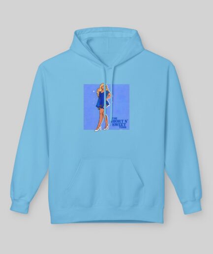 Light blue Sabrina Carpenter Short N' Sweet Tour Hoodie with graphic design on a gray background