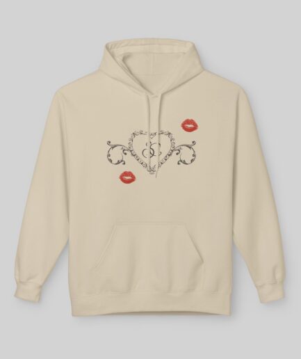 Beige Sabrina Carpenter Short n’ Sweet Hoodie with decorative heart and lip designs on a light gray background