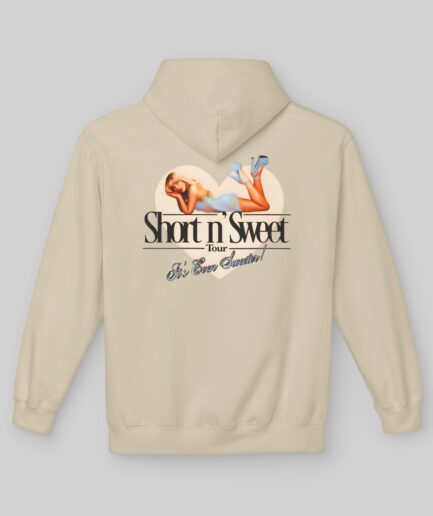 Beige Sabrina Carpenter Short n’ Sweet Hoodie with graphic design on the back against a light gray background