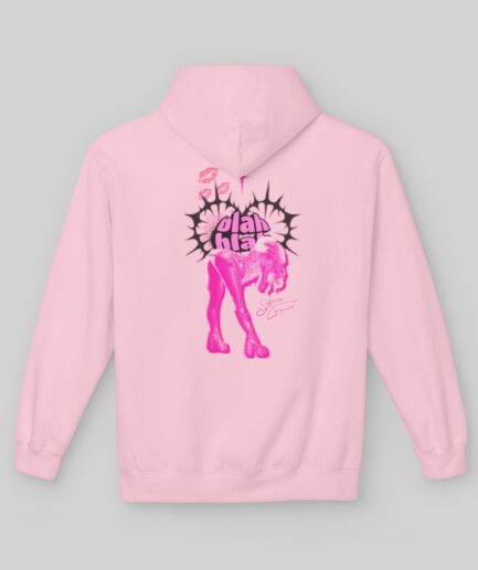 Pink Sabrina Carpenter Short n' Sweet Hoodie with a graphic design on the back against a gray background