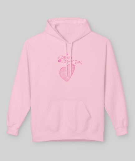 Pink Sabrina Carpenter Short n' Sweet Hoodie with a heart design on a gray background