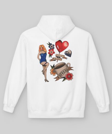 Sabrina Carpenter Tattoo Art White hoodie with colorful graphic design on a gray background