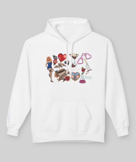 Sabrina Carpenter Tattoo Art White hoodie with colorful graphic design on a gray background