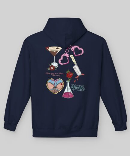 Navy blue Sabrina Carpenter Valentine's Day Hoodie with colorful graphic design on a light gray background
